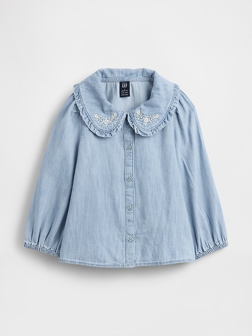 camicia in denim con colletto a balze per neonati e bambini piccoli