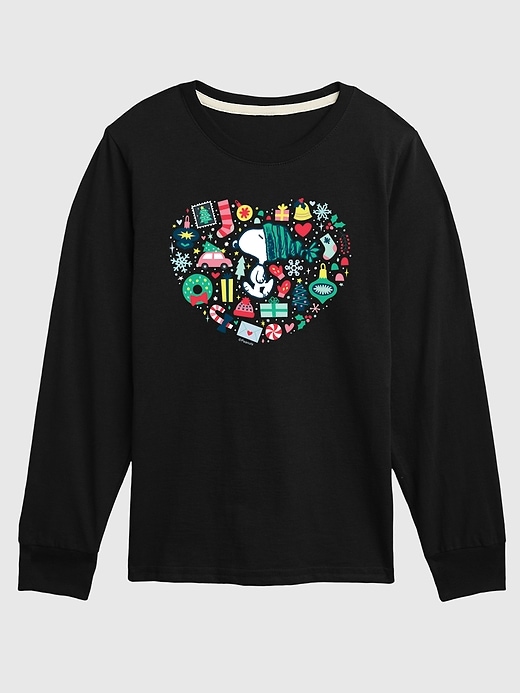 maglietta a maniche lunghe con cuore e icone natalizie dei peanuts e snoopy per bambini