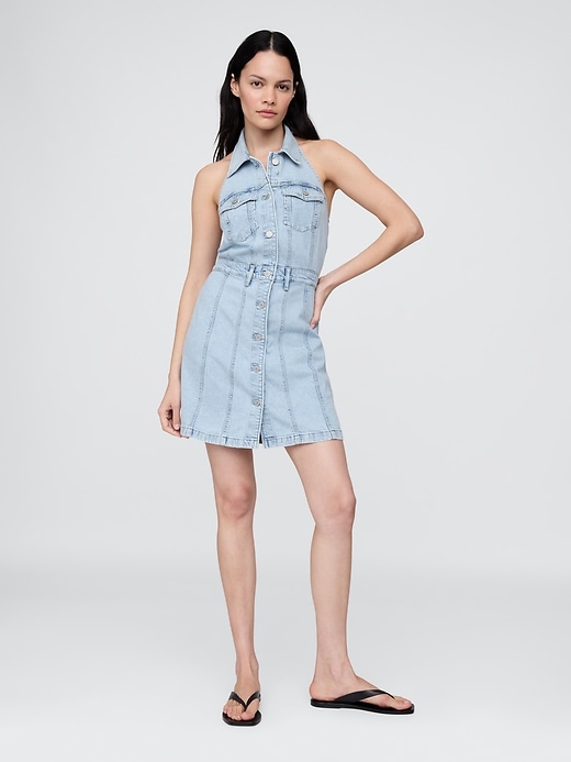 mini abito con scollo allamericana in denim icon