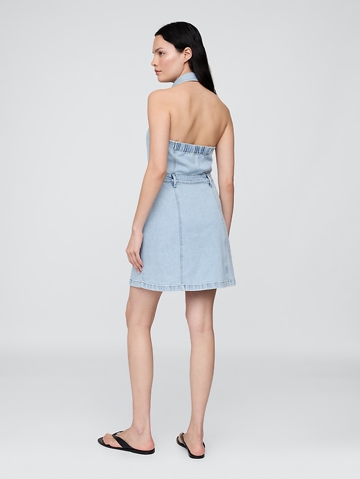 mini abito con scollo allamericana in denim icon