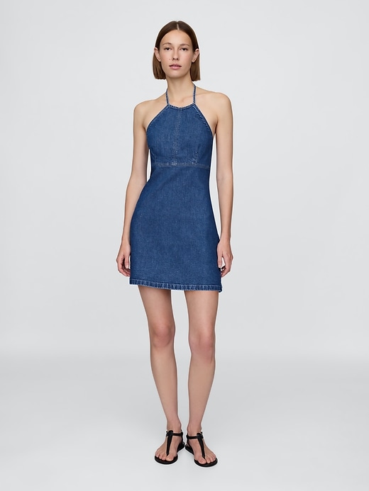 mini abito in denim con scollo allamericana