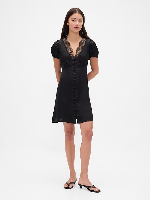 mini abito con scollo a v e pizzo satinato