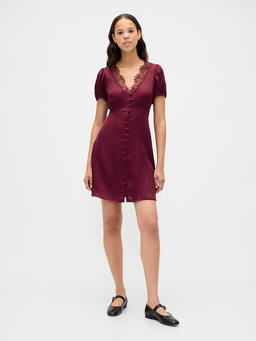 mini abito con scollo a v e pizzo satinato