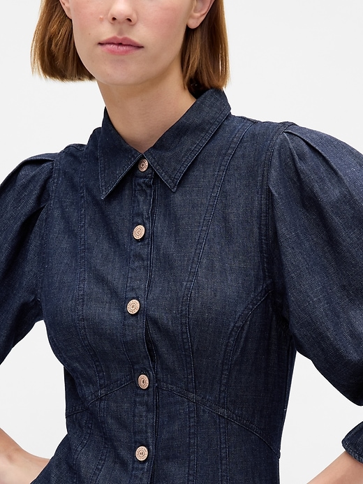 miniabito in denim con maniche a sbuffo e cuciture