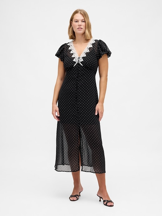 abito lungo con scollo a v e pizzo