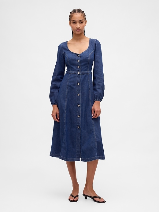 abito midi in denim con scollo a cuore