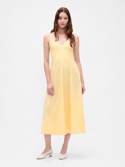 abito midi con corsetto e cuciture in misto lino