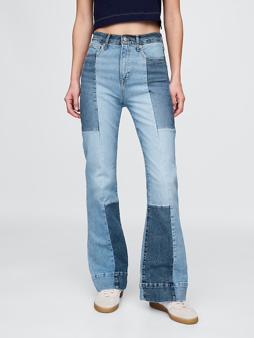 jeans a zampa patchwork anni 70 a vita alta