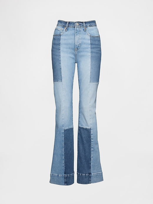 jeans a zampa patchwork anni 70 a vita alta