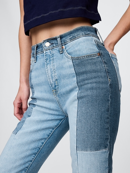 jeans a zampa patchwork anni 70 a vita alta