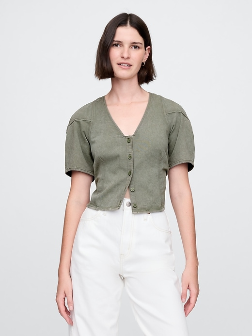 camicia corta in denim con maniche a botte