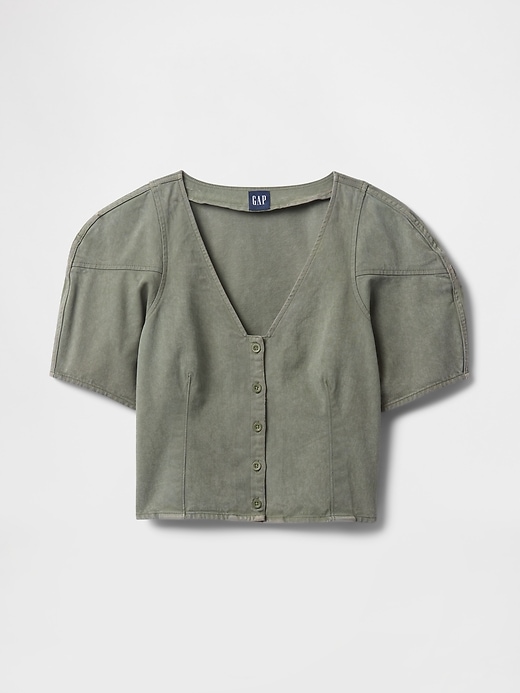 camicia corta in denim con maniche a botte