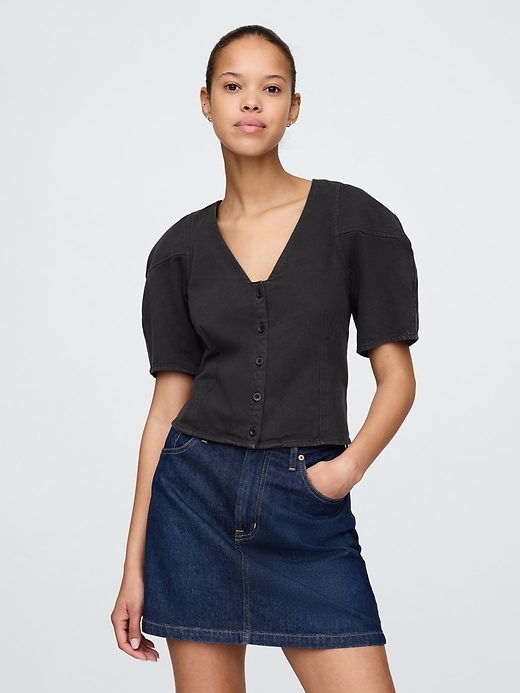 camicia corta in denim con maniche a botte