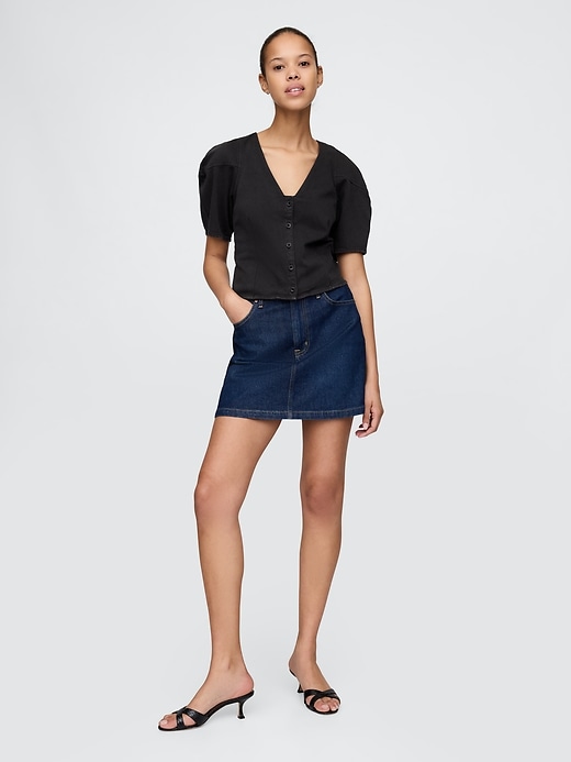 camicia corta in denim con maniche a botte