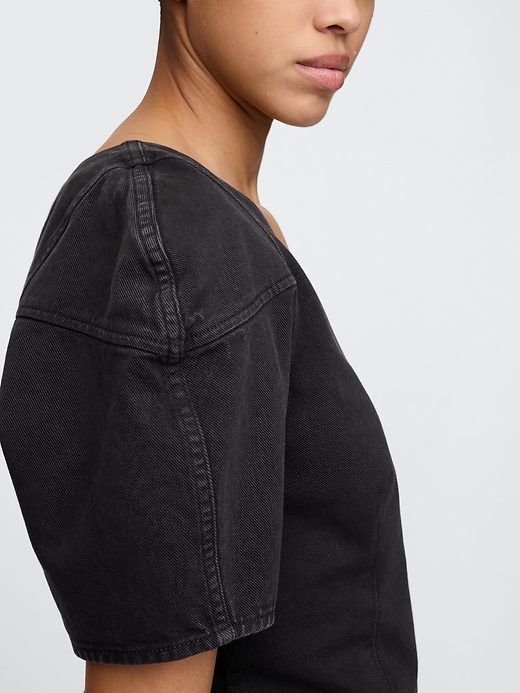 camicia corta in denim con maniche a botte