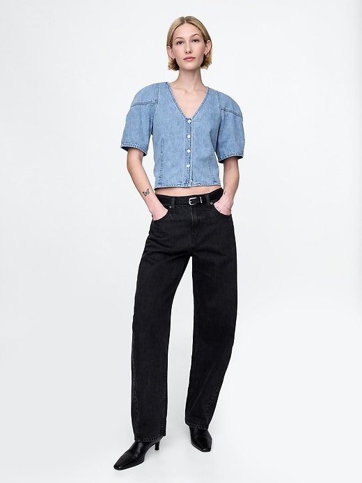 camicia in denim con maniche a sbuffo corte
