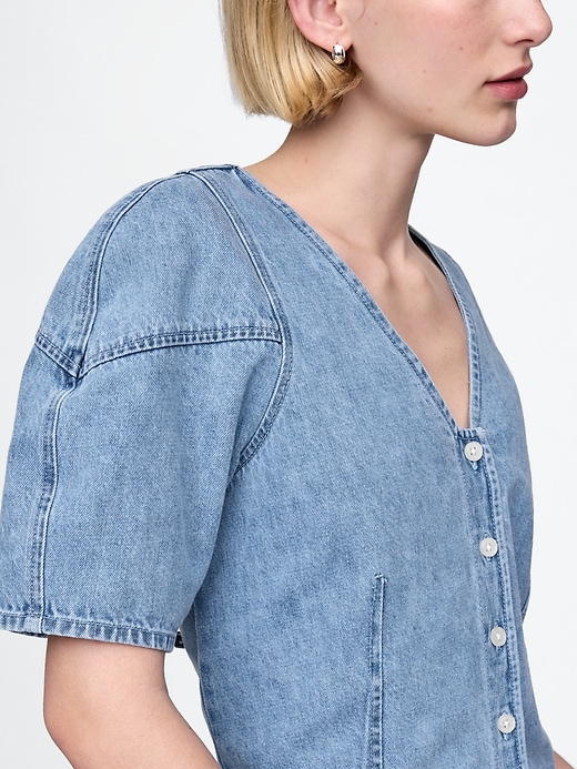 camicia in denim con maniche a sbuffo corte