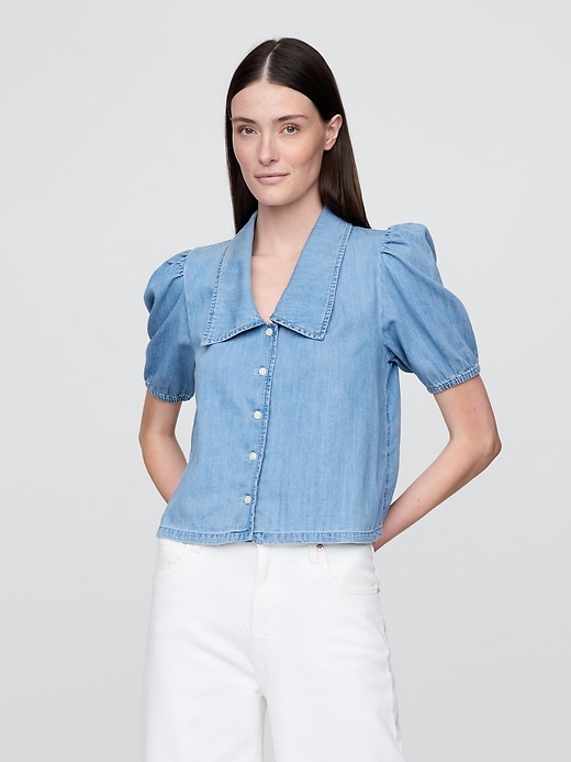 camicia in denim con maniche a sbuffo e colletto