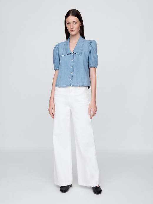 camicia in denim con maniche a sbuffo e colletto