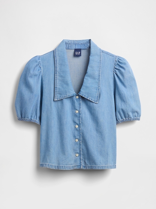 camicia in denim con maniche a sbuffo e colletto