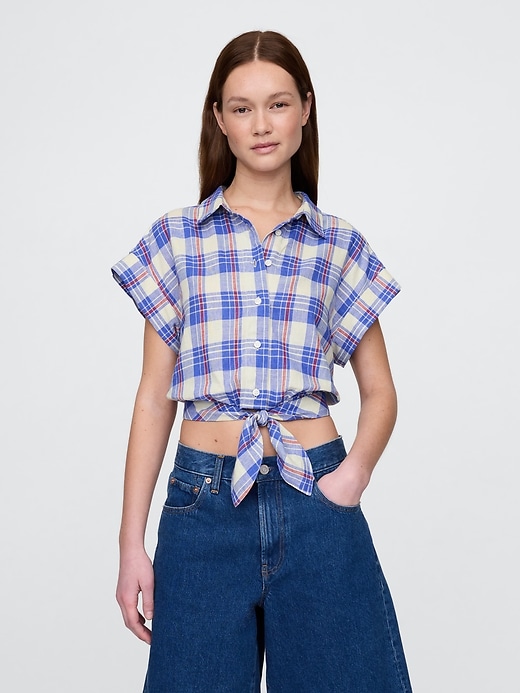camicia corta in misto lino con nodo sul davanti