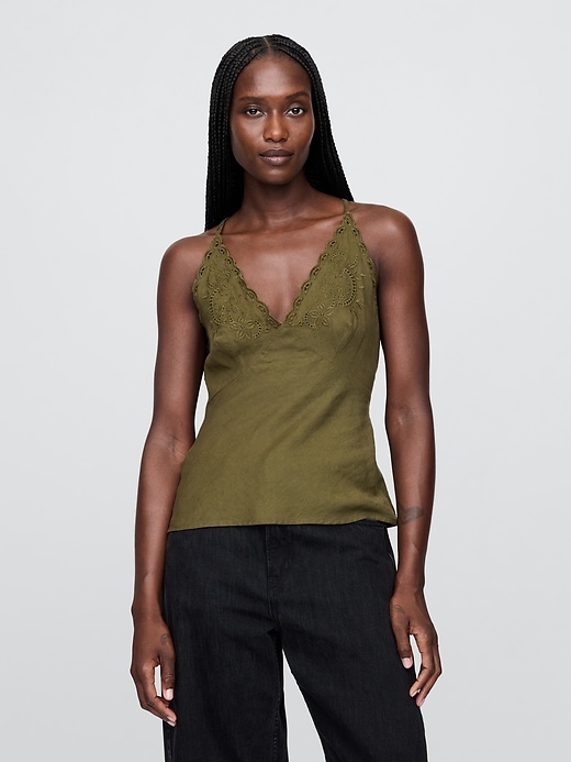 top con scollo allamericana ricamato in misto lino