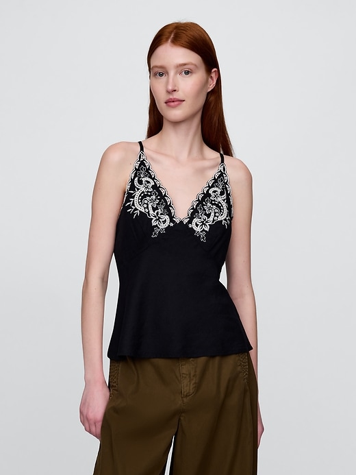 top con scollo allamericana ricamato in misto lino