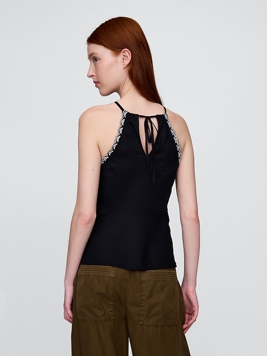 top con scollo allamericana ricamato in misto lino