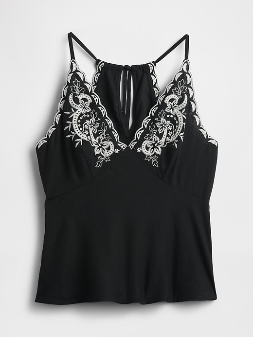 top con scollo allamericana ricamato in misto lino