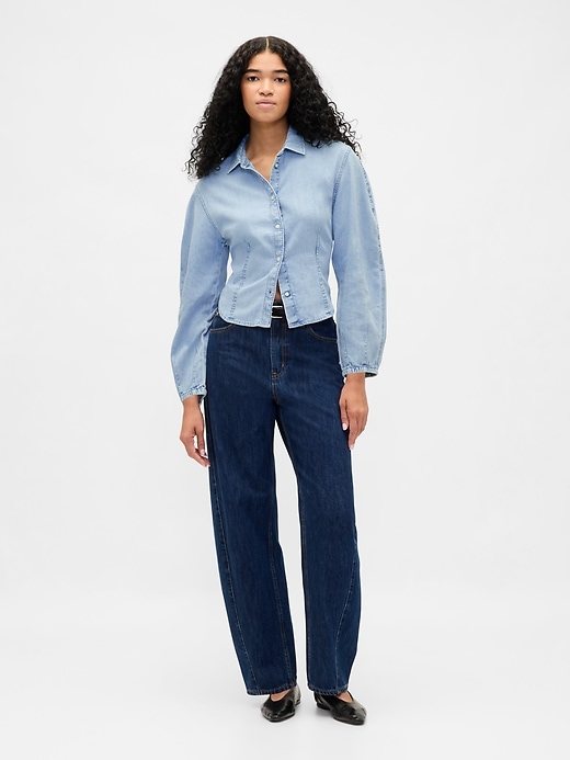 camicia in denim con maniche a palloncino