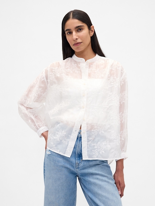camicia floreale in voile trasparente