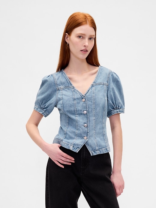 top in denim con maniche a sbuffo e cuciture