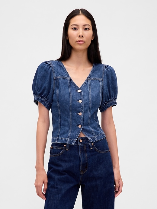 top in denim con maniche a sbuffo e cuciture