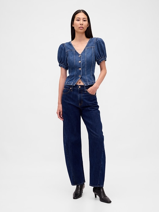 top in denim con maniche a sbuffo e cuciture
