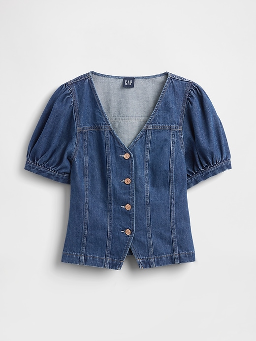 top in denim con maniche a sbuffo e cuciture