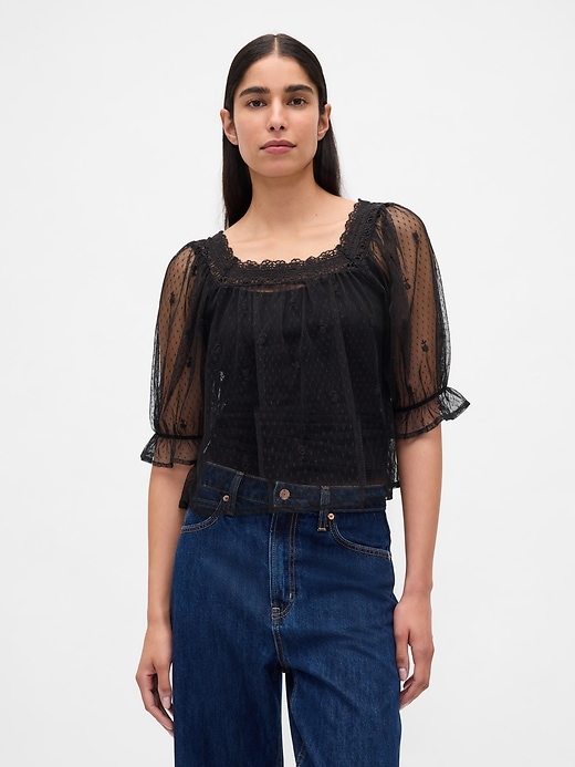 top ricamato in tulle trasparente