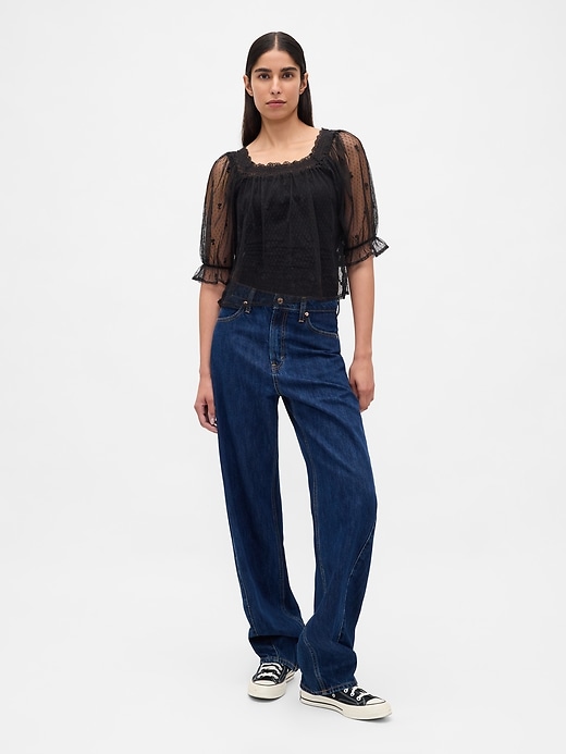 top ricamato in tulle trasparente
