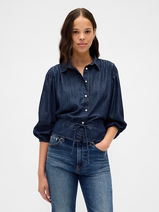 top in denim con cintura in vita