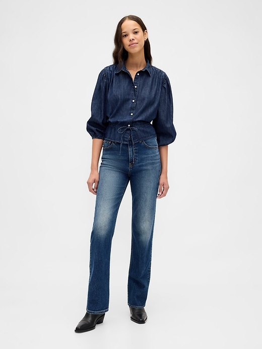 top in denim con cintura in vita
