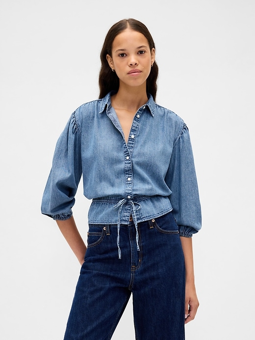 top in denim con cintura in vita
