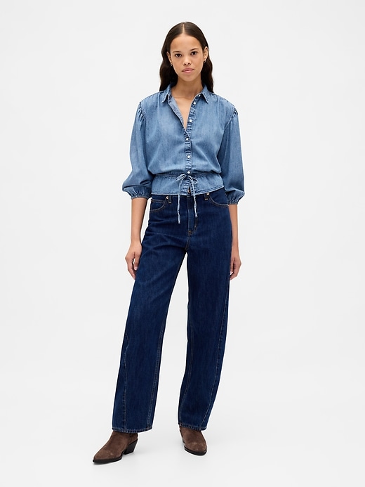 top in denim con cintura in vita