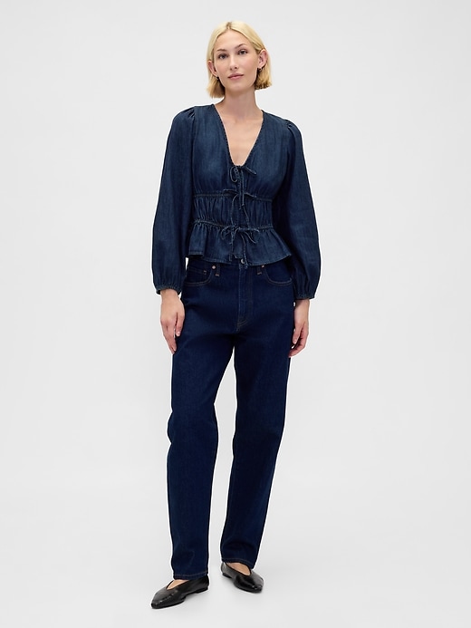 camicia corta in denim con nodo sul davanti
