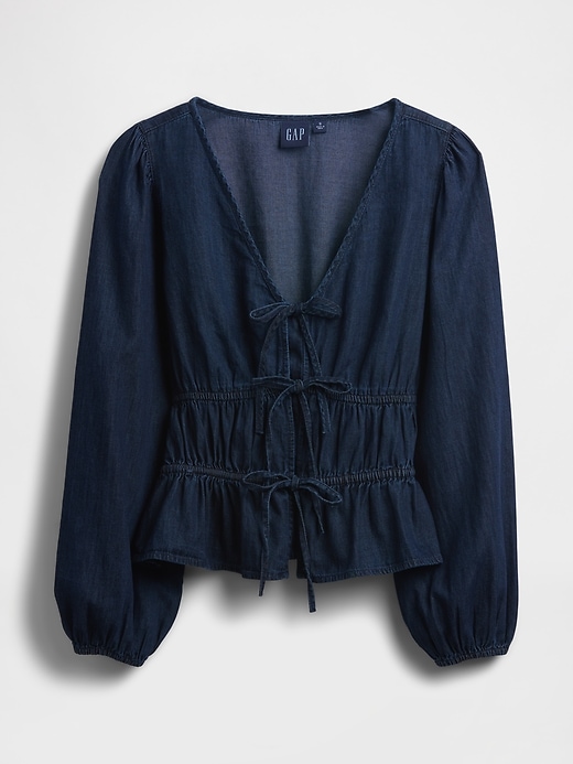 camicia corta in denim con nodo sul davanti