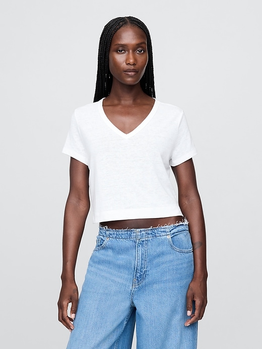 t-shirt corta con scollo a v in misto lino