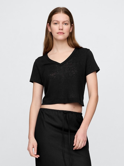 t-shirt corta con scollo a v in misto lino