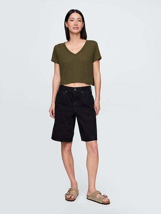 t-shirt corta con scollo a v in misto lino