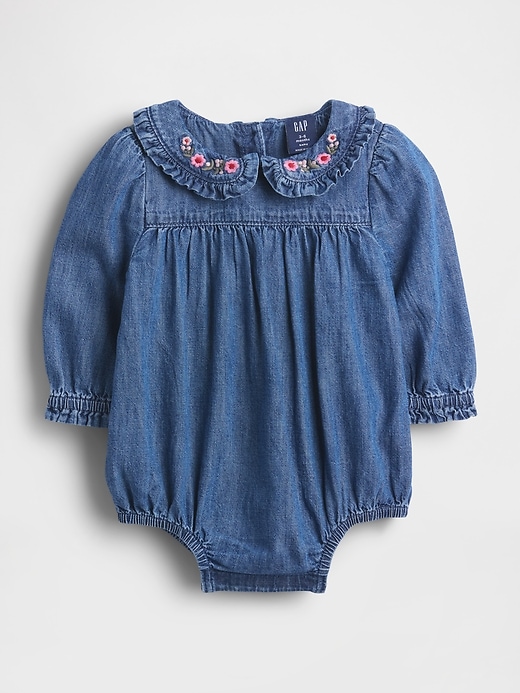 body a bolle con colletto a balze in denim per neonati