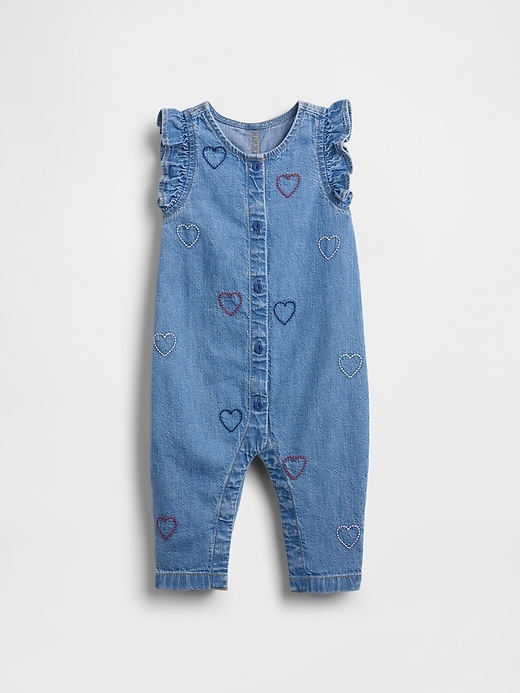 tutina intera in denim con cuore ricamato per neonati