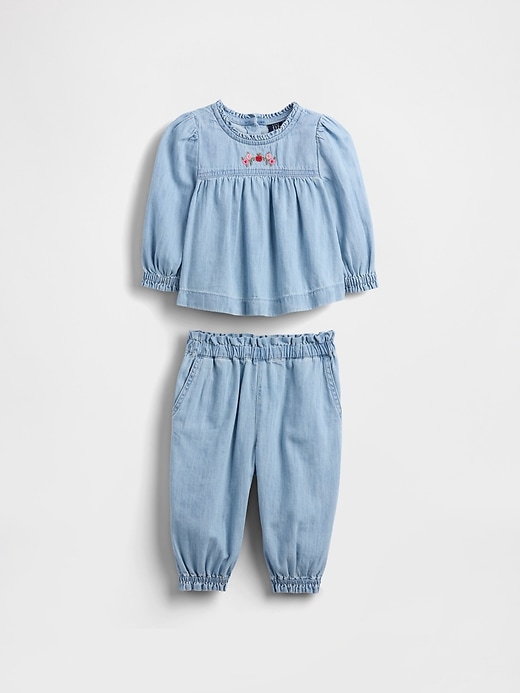 completo con volant in denim per neonati
