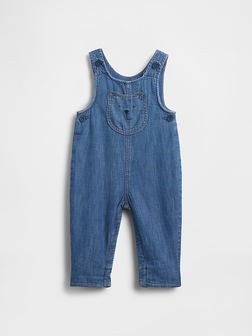salopette in denim con fodera interna e tasca a forma di orsetto per neonati
